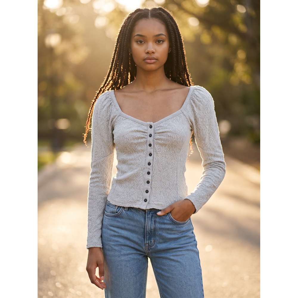 Free People Womens Floral Jacquard Crop Terry Top XS Cottagecore Cream Thermal